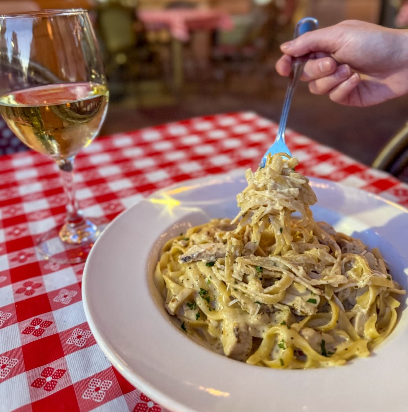 Fettuccini Alfredo with a glass of white wine